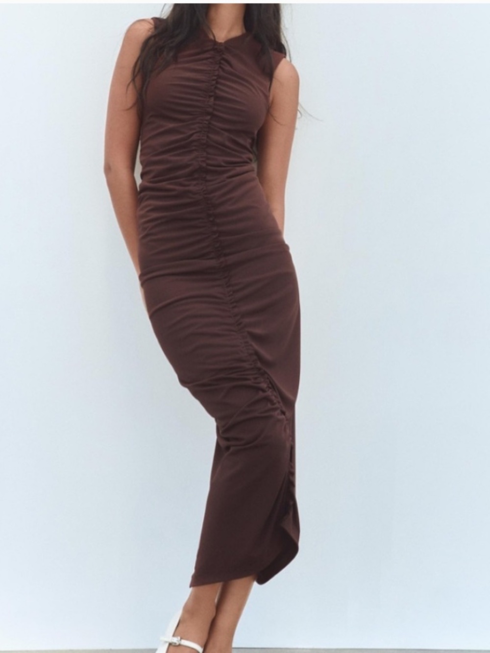 Zara Brown Ruched Bodycon Maxi Dress